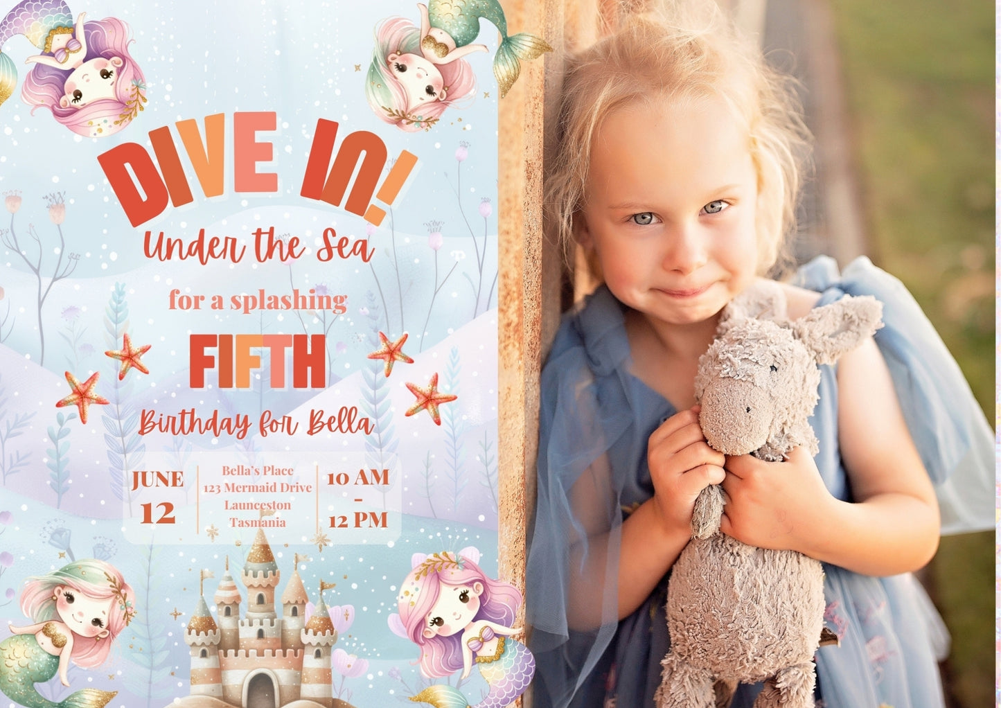 Mermaid Lagoon Invitation with Photo - Personalised and Printed - Pack of ten