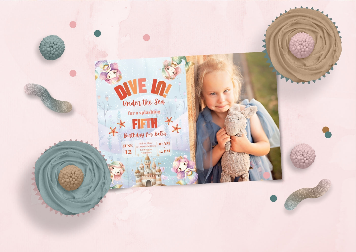 Mermaid Lagoon Invitation with Photo - Personalised and Printed - Pack of ten