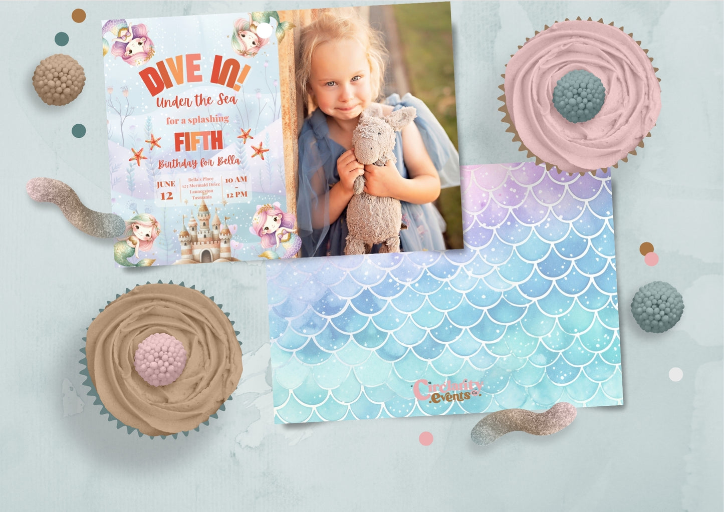 Mermaid Lagoon Invitation with Photo - Personalised and Printed - Pack of ten