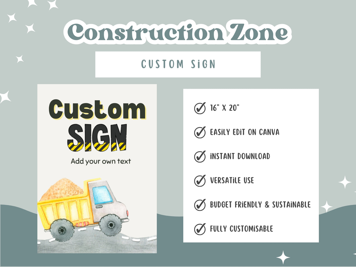 Construction Zone Editable Custom Sign - Digital Download
