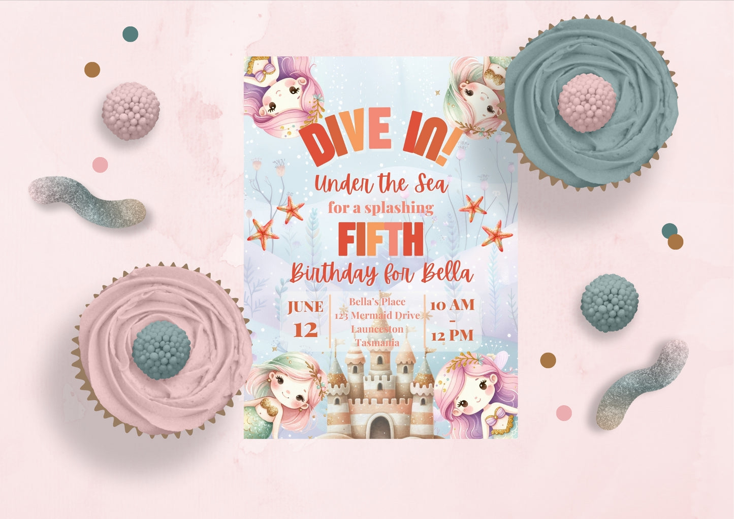Mermaid Lagoon Invitation - Personalised and Printed - Pack of ten