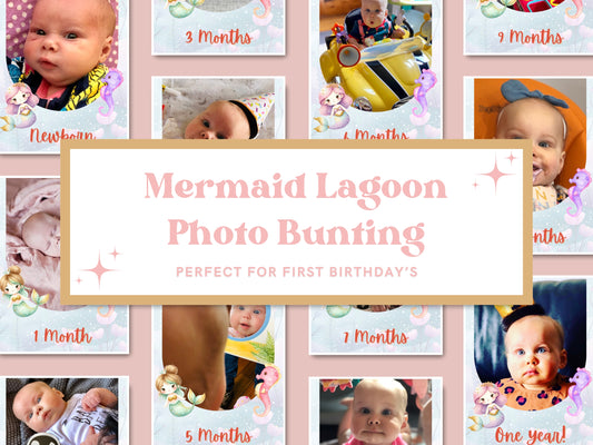 Mermaid Lagoon - Editable First Birthday Photo Bunting - Digital Download