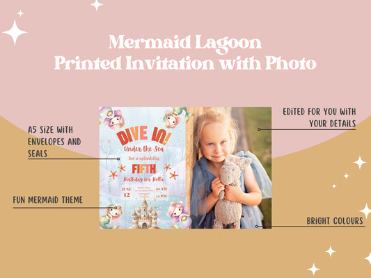 Mermaid Lagoon Invitation with Photo - Personalised and Printed - Pack of ten