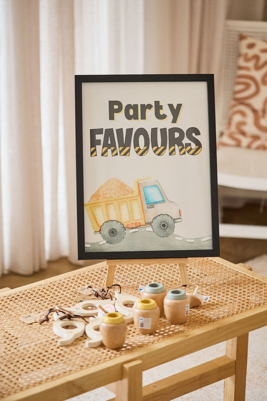 Construction Zone Party Favours Sign in Black Frame with Easel